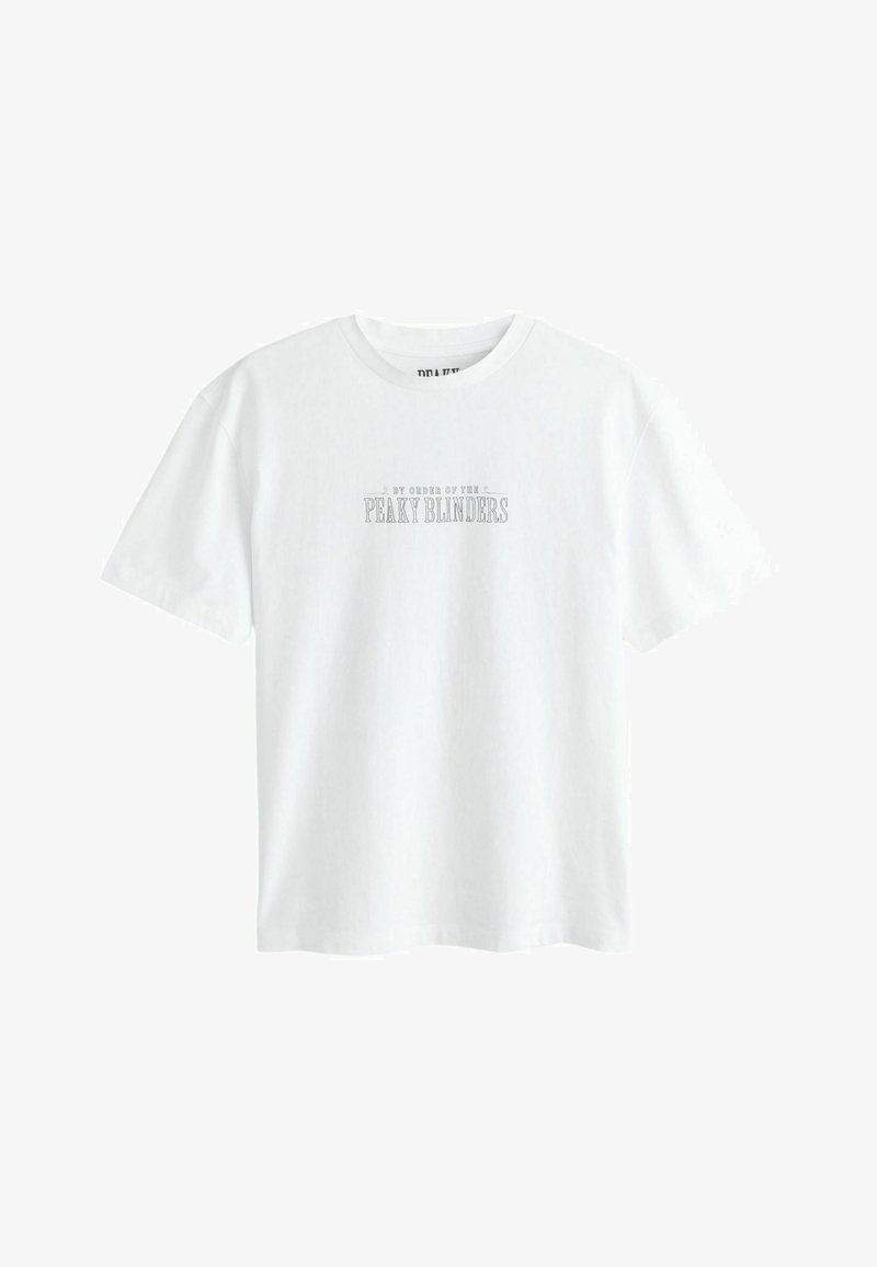 T-shirt blanc à manches courtes et col rond avec un petit texte centré "By Order of the Peaky Blinders" en police serif classique.