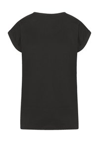 Schwarzes kurzärmliges T-Shirt mit Rundhalsausschnitt. Hergestellt aus einem weichen Stoff, mit aufgerollten Ärmeln und geradem Schnitt.