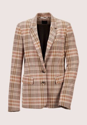 Woven blazer in pink, orange, and brown houndstooth pattern. Features two front pockets and two buttons, with notched lapels and a black lining.
