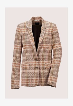Gewebter Blazer in einem pinken, orangefarbenen und braunen Hahnentrittmuster. Ausgestattet mit zwei Fronttaschen und zwei Knöpfen, mit geschlitzten Revers und einem schwarzen Innenfutter.