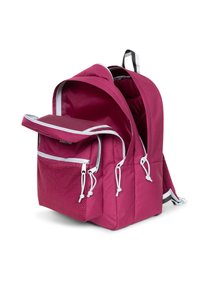 Maroonský batoh s bílými akcenty, se spoustou přihrádek, síťovanou boční kapsou a polstrovanými nastavitelnými popruhy.