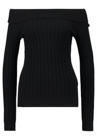 Schwarzer Schulterfreier Pullover mit geripptem Muster, langen Ärmeln und tailliertem Schnitt. Hergestellt aus weichem Material mit glatter Oberfläche.