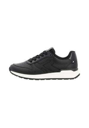 Black athletic shoes made of smooth leather, featuring a textured design, round toe, and a white midsole with black rubber outsole.