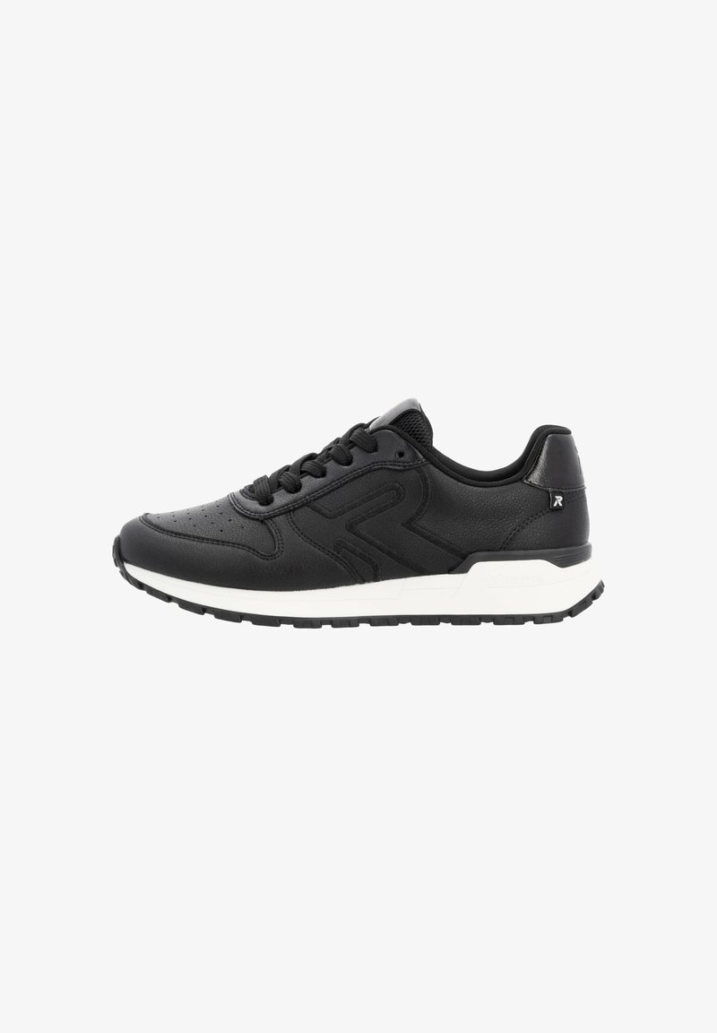 Black athletic shoes made of smooth leather, featuring a textured design, round toe, and a white midsole with black rubber outsole.