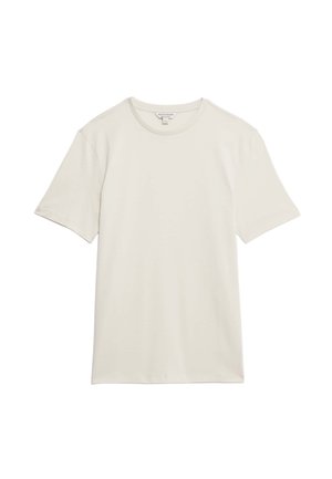 Effen wit T-shirt met korte mouwen en ronde hals, plat gelegd op een witte achtergrond, label zichtbaar bij de halslijn.