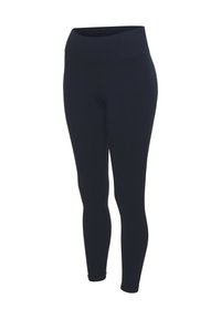 Hochtaillierte, marineblaue Leggings aus dehnbarem Stoff mit einer glatten Textur und einem enganliegenden Design, das bis zu den Knöcheln schmaler wird.