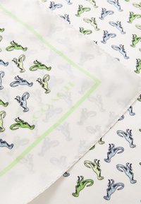 Silk scarf featuring a repeating pattern of stylized green and blue figures on a white background, framed by a light green border with "COACH" text.