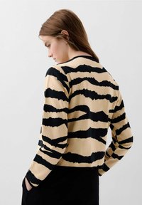 Beżowy sweter z wyraźnymi czarnymi paskami w wzór tygrysa, z długimi rękawami i okrągłym dekoltem. Miękka tkanina i luźny krój, z prostym, czystym wzorem z tyłu.