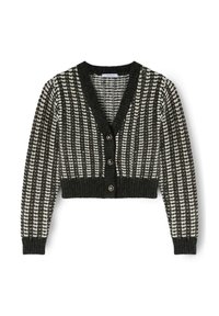 Cárdigan recortado con un patrón a cuadros en blanco y negro, que presenta un escote en V profundo, puños acanalados y cinco botones negros en el frente.