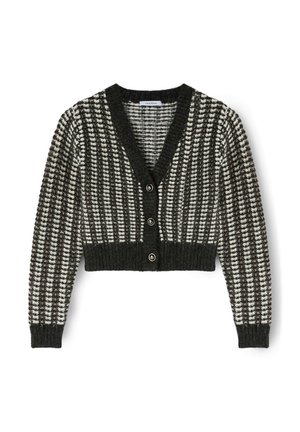 Cardigan accorciato con un motivo a scacchi bianco e nero, caratterizzato da un profondo scollo a V, polsini a costine e cinque bottoni neri frontali.