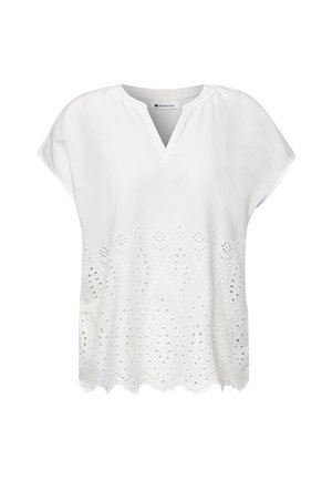 Camicia bianca a maniche corte con scollo a punta e dettagli di ricamo ad occhiello lungo l'orlo smerlato.