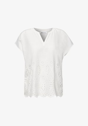 Camicia bianca a maniche corte con scollo a punta e dettagli di ricamo ad occhiello lungo l'orlo smerlato.