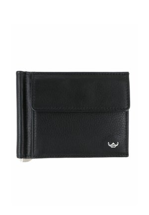 Black leather wallet with front pocket flap and small silver bull logo in bottom right corner.