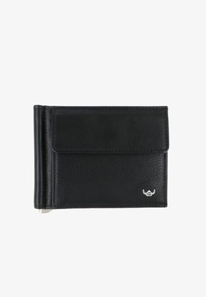 Portefeuille en cuir noir avec rabat de poche avant et petit logo de taureau argenté dans le coin inférieur droit.