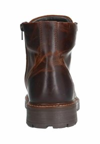 Bottines en cuir marron avec une finition lisse, un bout arrondi et une semelle en caoutchouc texturé. Dotées d'une fermeture éclair à l'arrière.