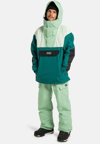 Turkusowa i miętowo-zielona kurtka śnieżna z wysokim kołnierzem, regulowanym kapturem i przednią kieszenią. W połączeniu z miętowo-zielonymi spodniami narciarskimi i czarnymi butami.