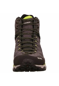 Men's hiking boots, black with green accents, made of synthetic material, featuring a textured upper, mesh panels, and a rugged sole.