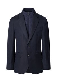 Blazer blu navy con rever a punta, due bottoni e tasche frontali. L'interno presenta una fodera imbottita con zip per un maggiore calore.