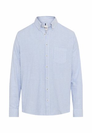 Hellblau und weiß gestreibtes Hemd mit langen Ärmeln, Kragen und Brusttasche. Verfügt über Standardknöpfe und angenehme Stofftextur.