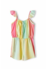 Combi-short multicolore dans des nuances de rose, jaune et vert. Il présente des bretelles à volants, une taille élastique et un tissu léger avec une texture lisse.