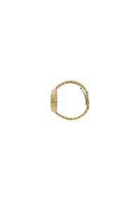 Gouden metalen polshorloge met een ronde kast, een schakelen band en een gestructureerde bezel. Bevat een kroon aan de zijkant voor afstelling.