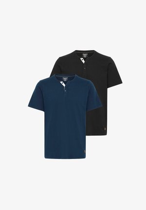 Two short-sleeve henley shirts in navy blue and black. Both have a round neckline, one button placket, and textured fabric.