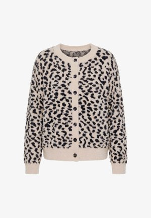 Miękki beżowy kardigan w czarne cętki lamparta, z okrągłym dekoltem, długimi rękawami, ściągaczami na mankietach i rzędami czarnych guzików z przodu.