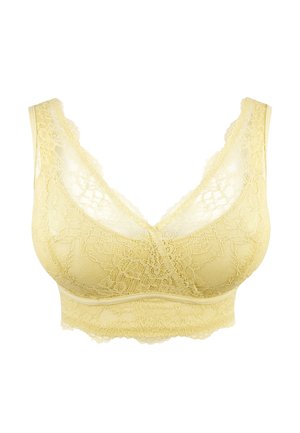 Gelber Spitzen-Bralette mit floralen Mustern, breiten Trägern und gezackten Kanten entlang des Ausschnitts und des unteren Bands.