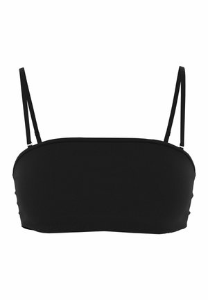 Must ribaäärisega lühike top koos õhukeste reguleeritavate õlapaelte ja sirge kaelusega valgel taustal.