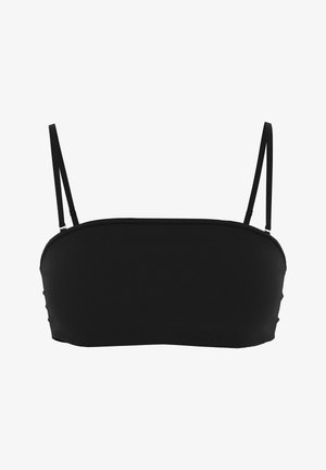 Fekete bandeau stílusú rövid felső vékony állítható vállpántokkal és egyenes nyakkivágással, fehér háttéren.