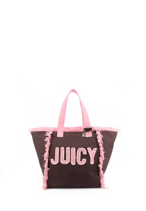Borsa tote marrone con bordo rosa soffice, manici rosa e la scritta "JUICY" in grandi lettere rosa soffici sul davanti.