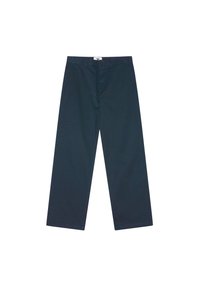 Dark navy blue wide-leg trousers made of cotton, featuring a front button closure and belt loops, with a smooth texture and no patterns.