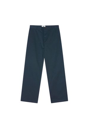 Dark navy blue wide-leg trousers made of cotton, featuring a front button closure and belt loops, with a smooth texture and no patterns.