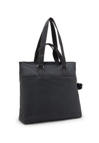 Borsa a spalla nera in tessuto texturizzato, con due manici robusti, chiusura con zip e un accento decorativo con pom-pom.