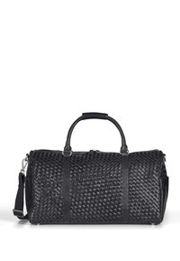 Musta nahkainen duffel-laukku, jossa on kudottu tekstuuri, kaksi yläpöytää ja irrotettava olkahihna. Vetoketjukiinnitys hopeanvärisillä metalliosilla.