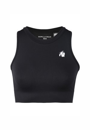 Zwarte sportieve crop top, gemaakt van gladde stof. Heeft een ronde hals, brede banden en een klein witte gorilla logo op de linkerkant van de borst.