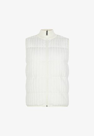 Weiß gesteppte Weste mit hohem Kragen, vorderem Reißverschluss und gerippter Textur. Verfügt über vertikale Paneele und glatten Stoffabschluss.