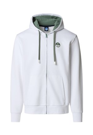 Felpa con cappuccio bianca a tutta cerniera con cordini verdi e interno cappuccio verde, tasche frontali e piccolo logo verde North-South sul petto sinistro.