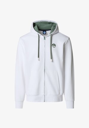 Felpa con cappuccio bianca a tutta cerniera con cordini verdi e interno cappuccio verde, tasche frontali e piccolo logo verde North-South sul petto sinistro.