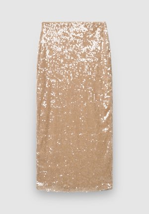 Beige sequin skirt with a fitted design, featuring a smooth texture and sparkling accents throughout, creating a reflective surface.