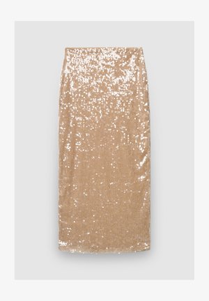 Beiger Paillettenrock mit figurbetontem Design, der eine glatte Textur und funkelnde Akzente aufweist und eine reflektierende Oberfläche erzeugt.