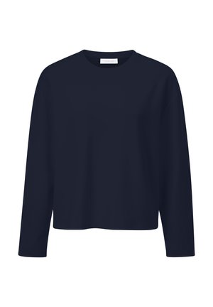 Maglietta a maniche lunghe blu navy con scollo rotondo, vestibilità comoda e texture morbida e liscia. Senza motivi visibili o decorazioni.