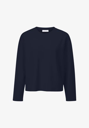 Chemise à manches longues bleu marine avec un col rond, coupe décontractée et texture douce et lisse. Pas de motifs ou d'embellissements visibles.