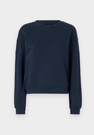 Marineblå sweatshirt lavet af blødt stof, med rund halsudskæring, lange ærmer og ribbede manchetter og kant. Simple design uden pynt.