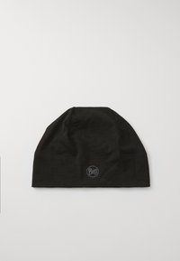 Gorra de tejido ligero negra con costura visible en el medio y un pequeño logo circular que dice "Buff" en el centro frontal.
