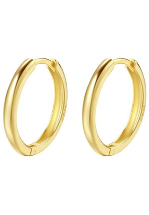 Paire de boucles d’oreilles créoles lisses et brillantes en or avec un design arrondi et des fermoirs à charnière sur fond blanc.