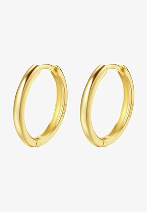 Paire de boucles d’oreilles créoles lisses et brillantes en or avec un design arrondi et des fermoirs à charnière sur fond blanc.