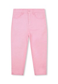 Różowe dżinsy o slim fit, z przednimi kieszeniami, talią z pętelkami na pasek oraz z pojedynczym zapięciem na guzik.