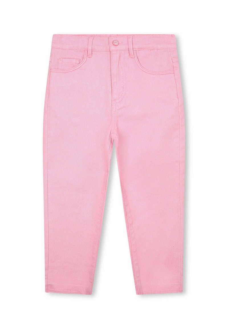 Różowe dżinsy o slim fit, z przednimi kieszeniami, talią z pętelkami na pasek oraz z pojedynczym zapięciem na guzik.
