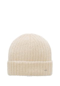 Cream-colored knit beanie with a soft, textured finish. Features a ribbed pattern and folded brim. Small brand tag on the side.